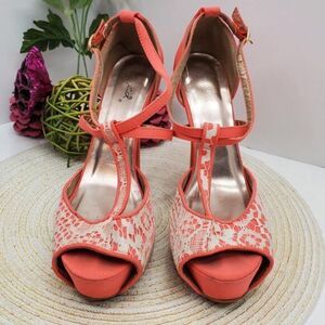 🔥4/$25 Quipid Coral & White Lace Peep Toe Stilettos Ankle T-Strap Heels